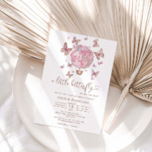 ピンクフローラバタフライガールベビーシャワー招待状