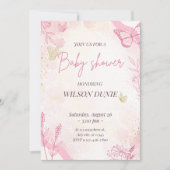 ピンクフローラバタフライガールベビーシャワー招待状 招待状 (正面)