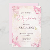 ピンクフローラバタフライガールベビーシャワー招待状 招待状 (正面/裏面)