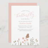 ピンクフローラバタフライガールベビーシャワー 招待状 (正面/裏面)