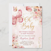 ピンクフローラバタフライガールベビーシャワー 招待状 (正面)