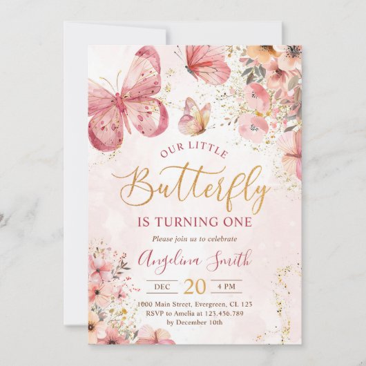 ピンクフローラバタフライガール1st誕生日パーティー 招待状 (正面)