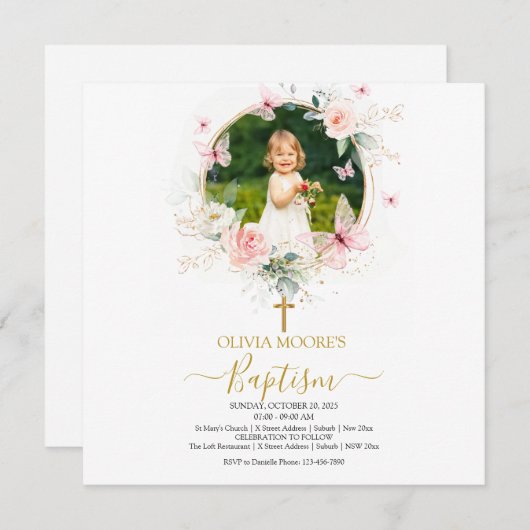 ピンクフローラバタフライバプテスマ招待状 招待状 (正面/裏面)