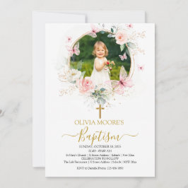 ピンクフローラバタフライバプテスマ招待状 招待状