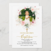 ピンクフローラバタフライバプテスマ招待状 招待状 (正面/裏面)