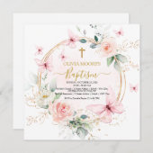 ピンクフローラバタフライバプテスマ招待状 招待状 (正面/裏面)