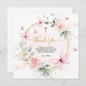 ピンクフローラバタフライバプテスマ《キリスト教》洗礼式や命名式 サンキューカード (正面/裏面)