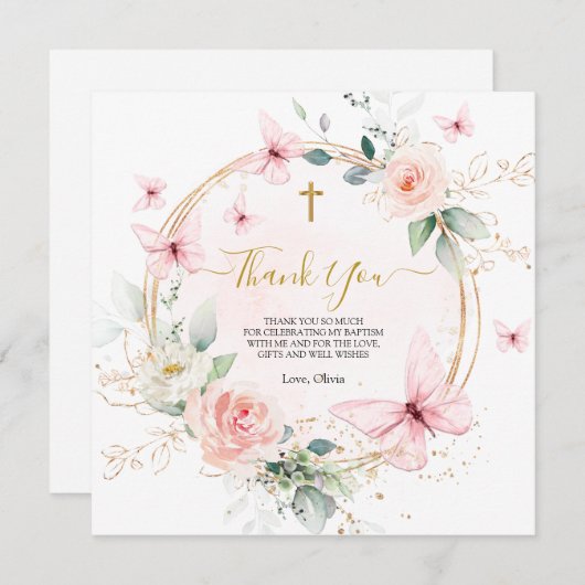 ピンクフローラバタフライバプテスマ《キリスト教》洗礼式や命名式 サンキューカード (正面/裏面)