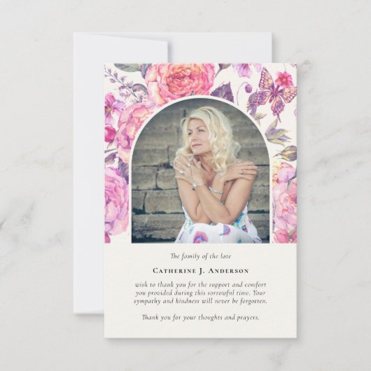ピンクフローラバタフライフォト悔やみや弔慰葬儀 サンキューカード (正面)