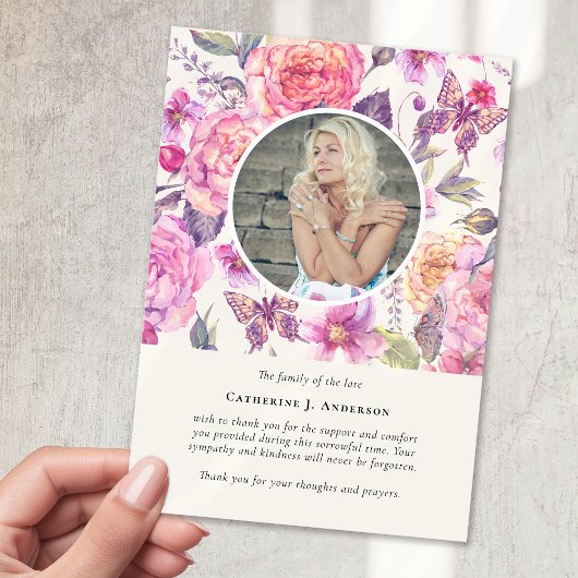ピンクフローラバタフライフォト悔やみや弔慰葬儀 サンキューカード