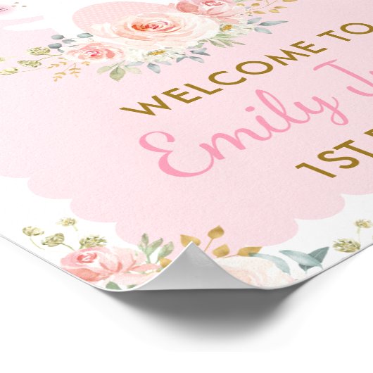 ピンクフローラバニーかわいいウサギ1st誕生日パーティー ポスター (角)