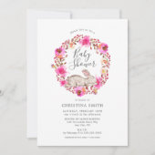 ピンクフローラバニーガールベビーシャワー 招待状 (正面)