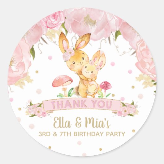 ピンクフローラバニージョイントシスターズ誕生日サンキューユユー ラウンドシール (正面)