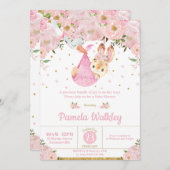 ピンクフローラバニーストークバンドルガールベビーシャワー 招待状 (正面/裏面)