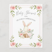 ピンクフローラバニーバジェットベビーシャワー招待状 ポストカード (正面)