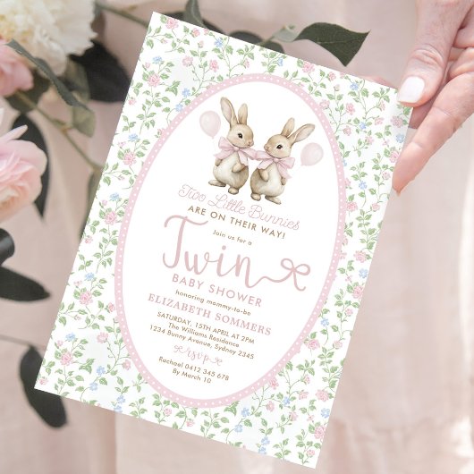 ピンクフローラバニーバルーンツインガールベビーシャワー 招待状