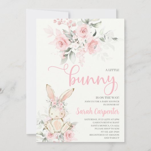 ピンクフローラバニーベビーシャワーガール招待状 招待状 (正面)