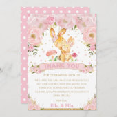 ピンクフローラバニーラビットガールズジョイント誕生日 サンキューカード (正面/裏面)