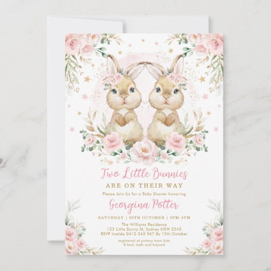 ピンクフローラバニーラビットツインガールベビーシャワー 招待状 (正面)
