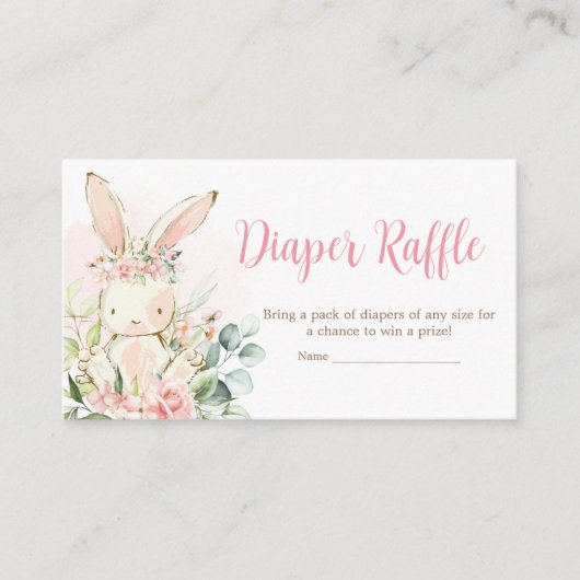 ピンクフローラバニーラビットベビーシャワーおむつラッフル エンクロージャーカード (正面)