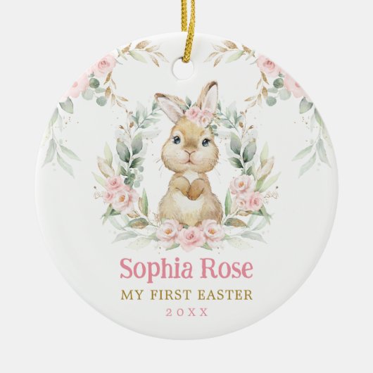 ピンクフローラバニーラビットベビー1stイースター セラミックオーナメント (正面)