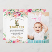 ピンクフローラバニー誕生日写真サンキューカード サンキューカード (正面/裏面)