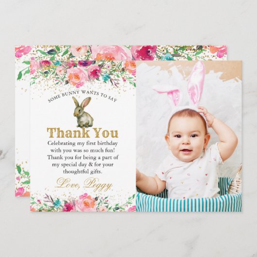 ピンクフローラバニー誕生日写真サンキューカード サンキューカード (正面/裏面)