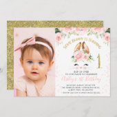 ピンクフローラバニー顔写真1歳の誕生日 招待状 (正面/裏面)