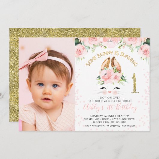 ピンクフローラバニー顔写真1歳の誕生日 招待状 (正面/裏面)