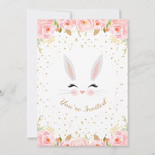 ピンクフローラバニー顔誕生日招待状 招待状 (裏面)