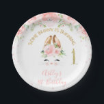 ピンクフローラバニー顔金ゴールドグリッター第1誕生日 ペーパープレート<br><div class="desc">ピンクフローラバニー顔金ゴールドグリッター第1誕生日紙プレート 

ハナをテーマにしたスイートバニー第1紙プレートで、毛の生えた耳を持つ可愛いハナ顔、ピンクのフローラの配列、金ゴールドの取り外し可能な番号、針路が痛むフェイクのグリッターが特徴です。</div>