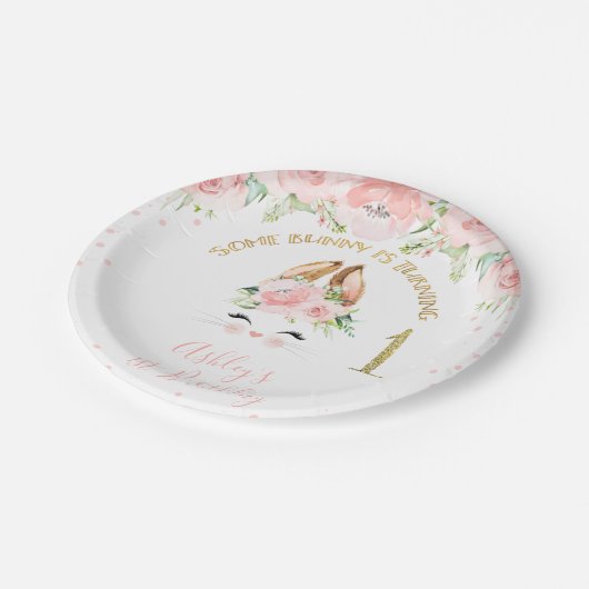 ピンクフローラバニー顔金ゴールドグリッター第1誕生日 ペーパープレート (アングル)