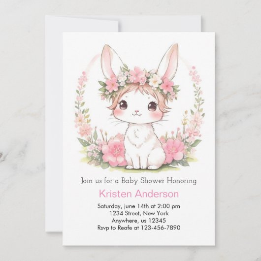 ピンクフローラバニー魔法ガールベビーシャワー 招待状 (正面)