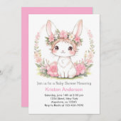 ピンクフローラバニー魔法ガールベビーシャワー 招待状 (正面/裏面)