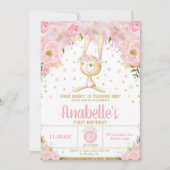 ピンクフローラバニー1st誕生日招待状ガール 招待状 (正面)