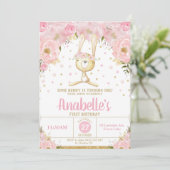 ピンクフローラバニー1st誕生日招待状ガール 招待状 (スタンド正面)