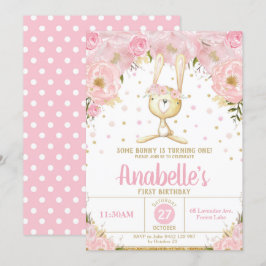 ピンクフローラバニー1st誕生日招待状ガール 招待状