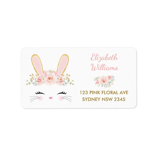 ピンクフローラバニー/かわいいウサギ差出人住所 ラベル (正面)