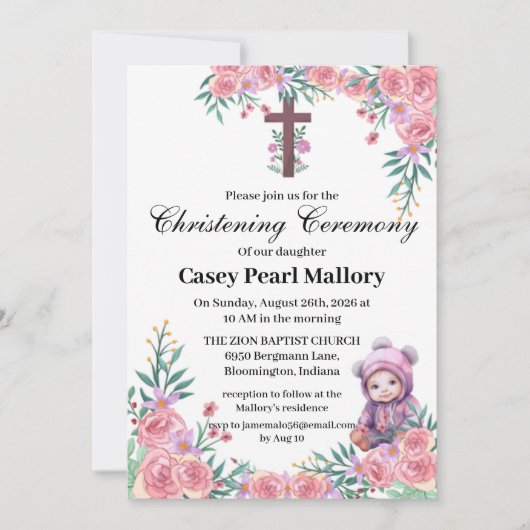 ピンクフローラバビーガール《キリスト教》洗礼式や命名式/バプテスマ 招待状 (正面)