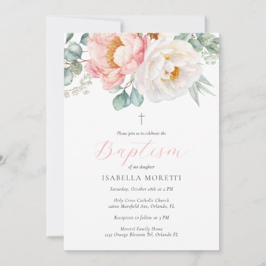 ピンクフローラバプテスマ招待状と写真 招待状 (正面)