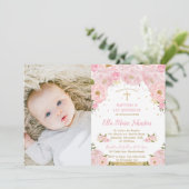 ピンクフローラバプテスマ1歳の誕生日パーティー写真 招待状 (スタンド正面)