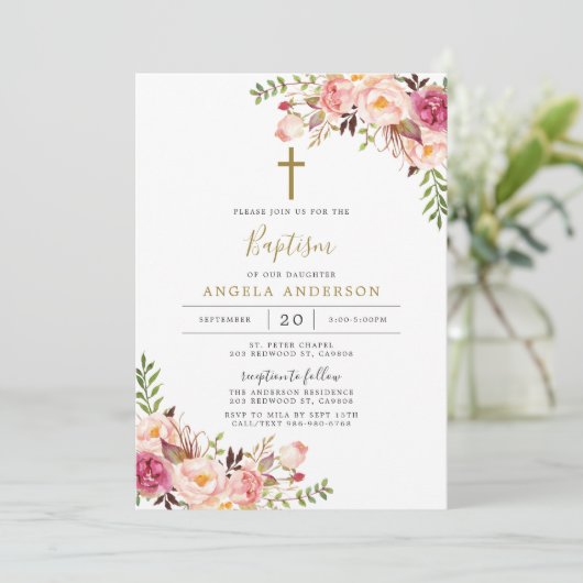 ピンクフローラバプテスマ/《キリスト教》洗礼式や命名式招待状 招待状 (スタンド正面)