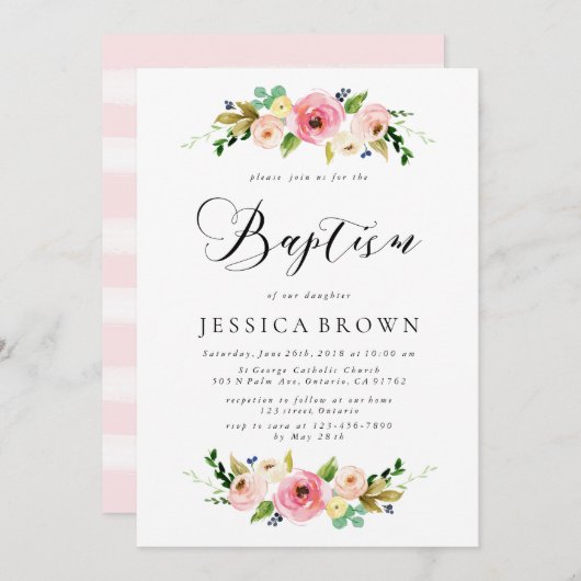 ピンクフローラバプテスムウォーター色フローラバプテスマ 招待状 (正面/裏面)