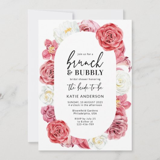 ピンクフローラバラオーバルブランチ&バブリーシャワー 招待状 (正面)