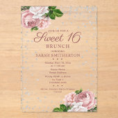 ピンクフローラバラシルバーグリッタースウィート16ブランチ アクリル招待状 (正面)