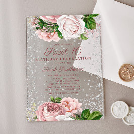 ピンクフローラバラシルバーグリッタースウィート16 アクリル招待状