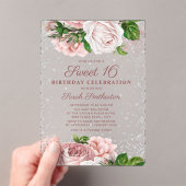 ピンクフローラバラシルバーグリッタースウィート16 アクリル招待状 (インサイチュ (ポータブル))