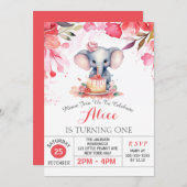 ピンクフローラバラゾウ誕生日パーティー 招待状 (正面/裏面)