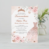 ピンクフローラバラバタフライドレスキンセアニェラ 箔招待状 (立ち正面)