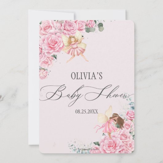 ピンクフローラバラフェアリーズアーチベビーシャワーインビタット 招待状 (裏面)